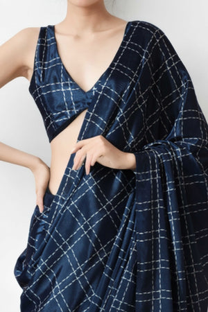 Navy Blue Digital Printed With Lace Border Pallu Chinon Ready To Wear Saree