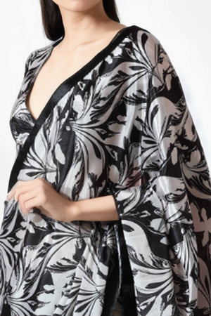 Black & White Floral Digital Printed With Lace Border Pallu Chinon Ready To Wear Saree