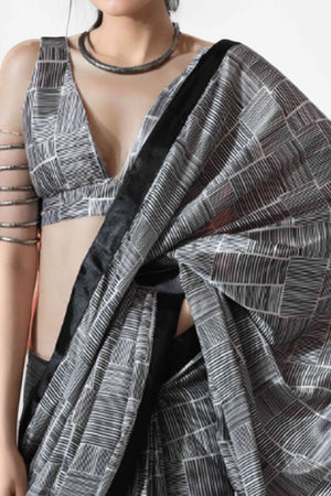 Black Digital Printed With Lace Border Pallu Chinon Ready To Wear Saree