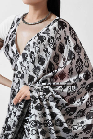 White & Black Digital Printed With Lace Border Pallu Chinon Ready To Wear Saree