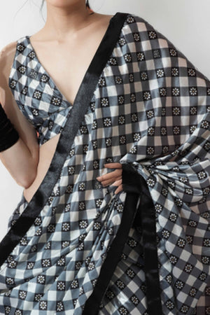 Grey & Black Floral Digital Printed With Lace Border Pallu Chinon Ready To Wear Saree