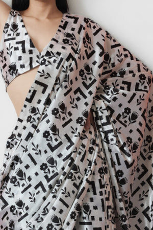 White & Black Floral Digital Printed With Intricate Lace Border Pallu Chinon Ready To Wear Saree