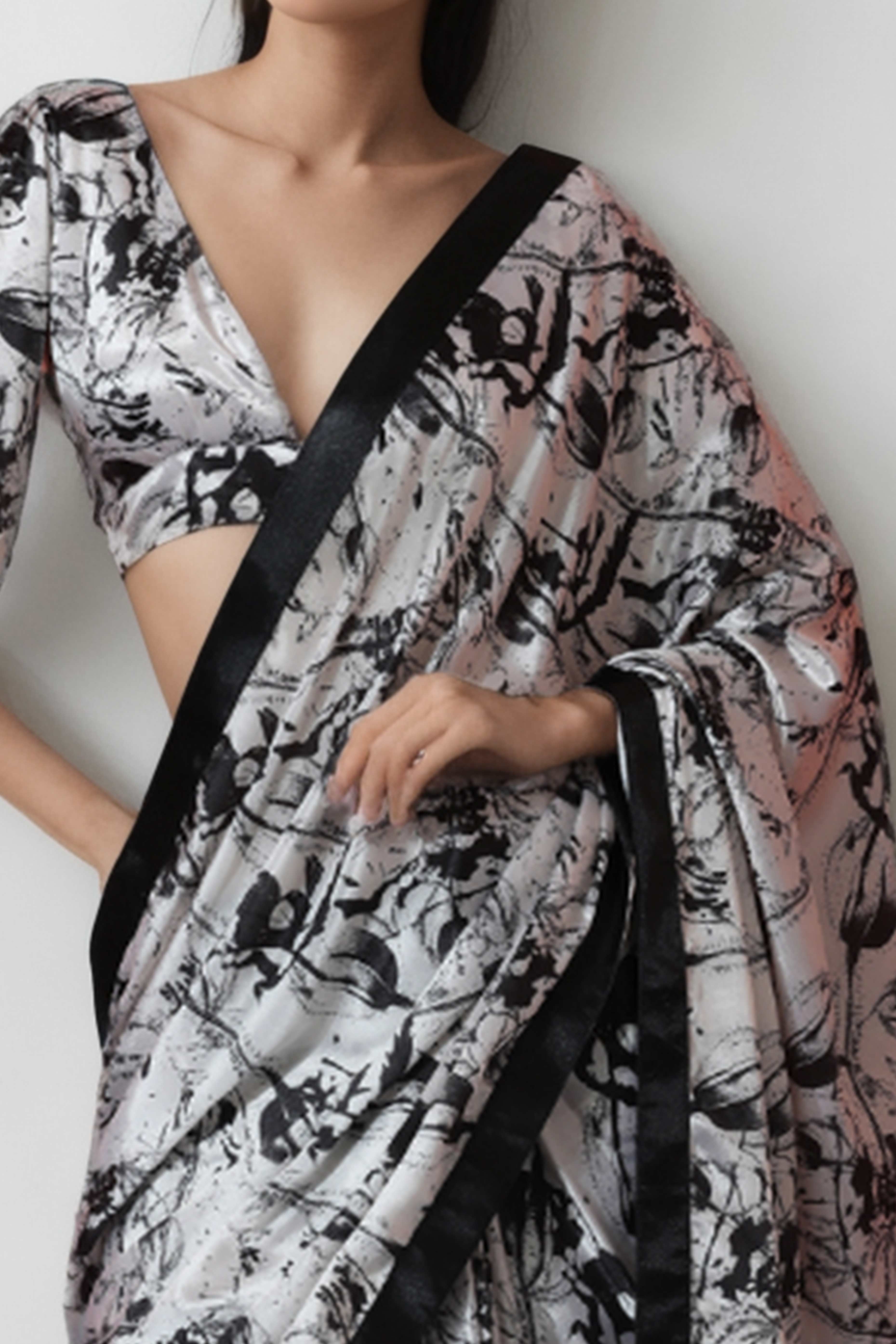 White & Black Digital Printed With Intricate Lace Border Pallu Chinon Ready To Wear Saree