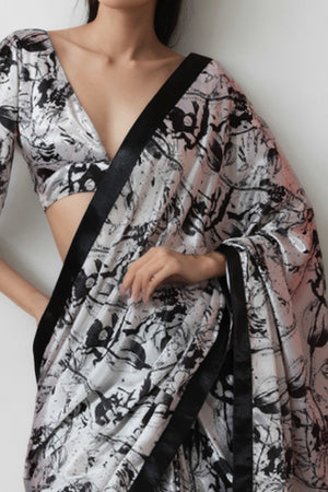 White & Black Digital Printed With Intricate Lace Border Pallu Chinon Ready To Wear Saree