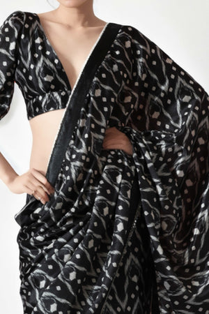 Black Digital Printed With Intricate Lace Border Pallu Chinon Ready To Wear Saree