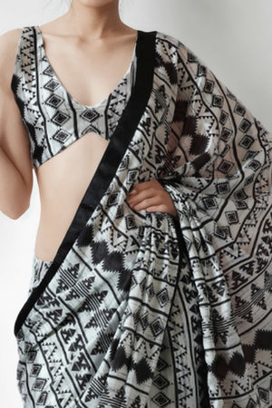 White & Black Geometric Digital Printed With Intricate Lace Border Pallu Chinon Ready To Wear Saree
