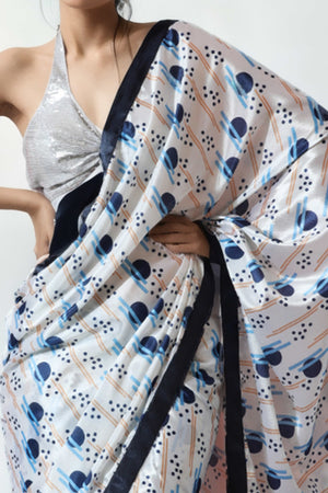 White Geometric Digital Printed With Intricate Lace Border Pallu Chinon Ready To Wear Saree