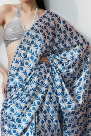 White & Blue Floral Digital Printed With Intricate Lace Border Pallu Chinon Ready To Wear Saree