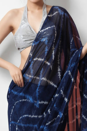 Navy Blue Printed Marbel Chiffon Ready To Wear Saree