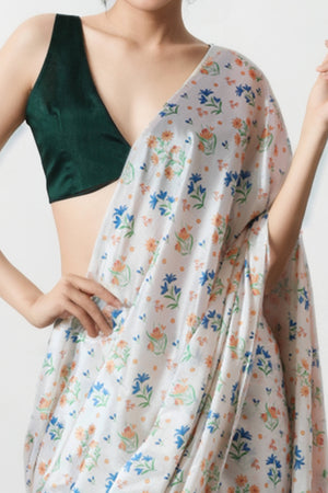 Offwhite Floral Digital Printed With Delicate Lace Border Pallu Chinon Ready To Wear Saree