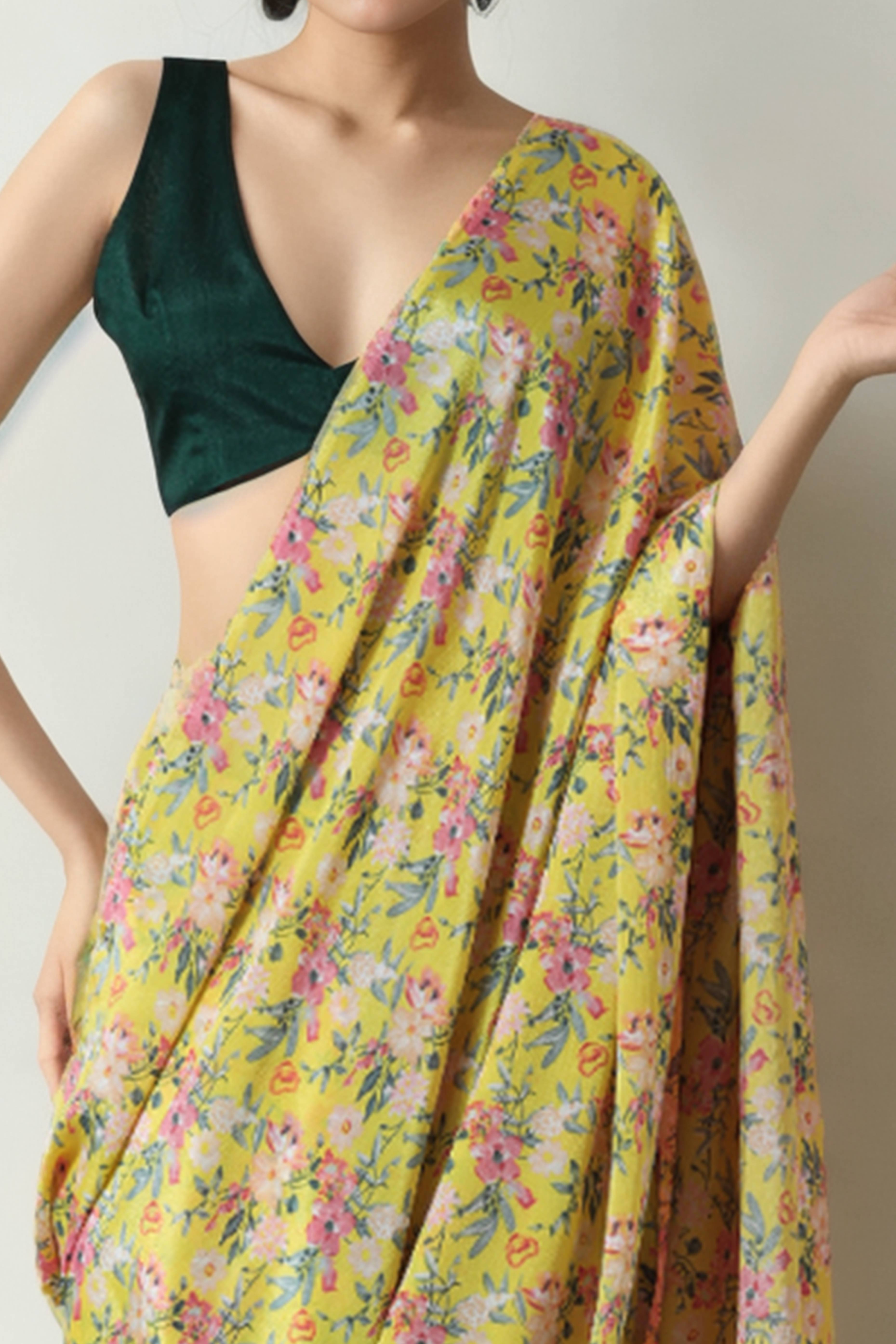 Lemon Yellow Floral Digital Printed Chinon Ready To Wear Saree