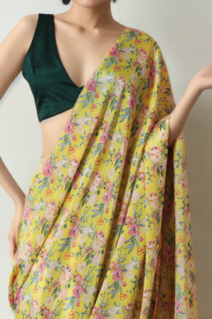 Lemon Yellow Floral Digital Printed Chinon Ready To Wear Saree