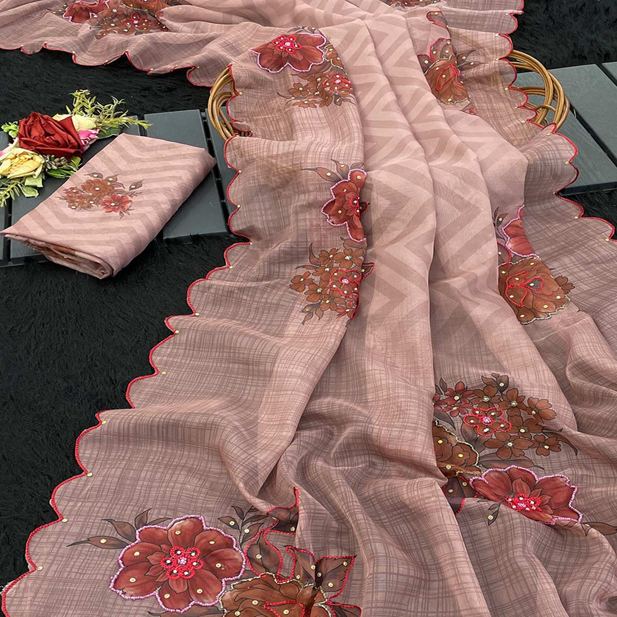 Designer Dusty Pink Tabby Organza Saree with Floral Patterns and Intricate Handcrafted Details