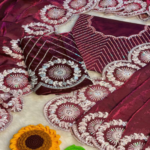 Designer Wine Fandy Satin Saree Featuring Intricate Sequins Embroidery for Elegant Styling