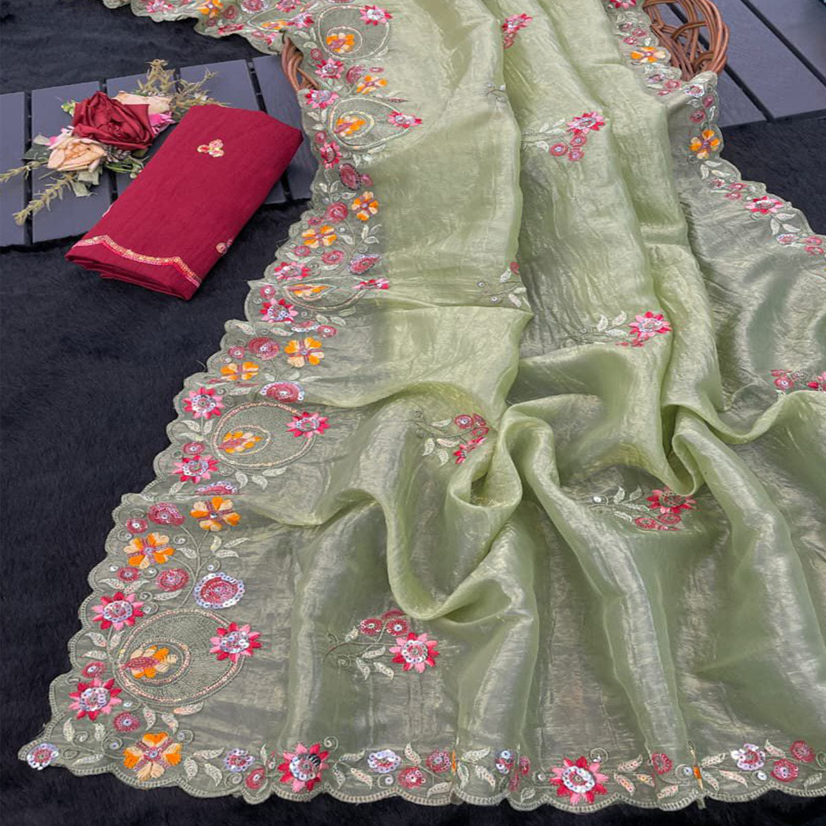 Premium Green Crush Satin Saree with Beautiful Floral Embroidery