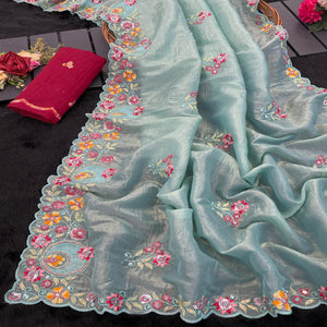 Premium Sea Green Crush Satin Saree with Beautiful Floral Embroidery