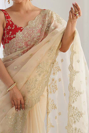 Luxury Cream Pure Organza Saree with Sequins Work for Festive Celebrations