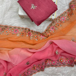 Radiant Orange Crunchy Ombre Saree Adorned with Floral Thread Embroidery & Sequins Work
