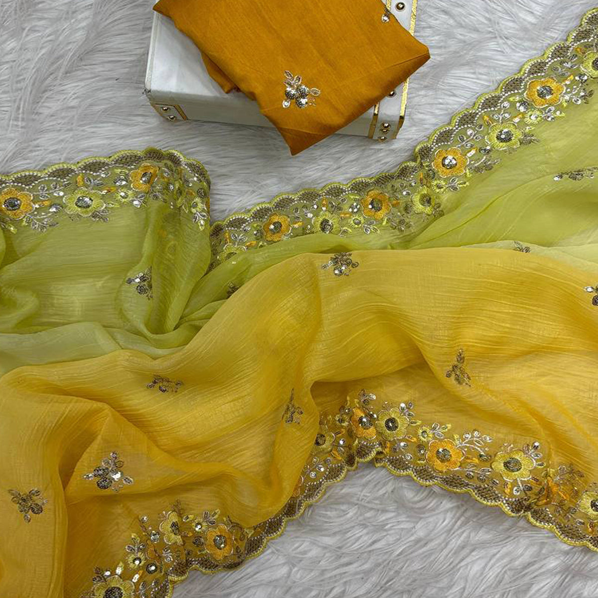 Radiant Yellow Crunchy Ombre Saree Adorned with Floral Thread Embroidery & Sequins Work