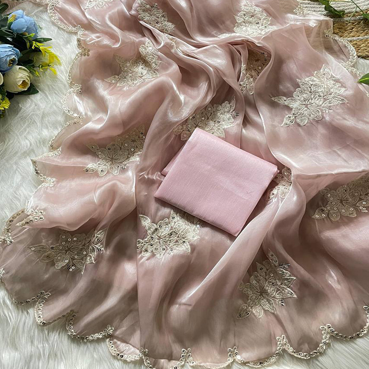 Captivating Pink Floral Thread Embroidered Jimmy Choo Satin Saree With Gleaming Sequins Work