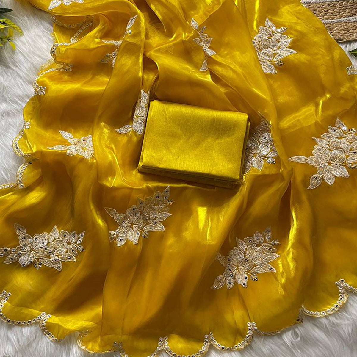 Captivating Yellow Floral Thread Embroidered Jimmy Choo Satin Saree With Gleaming Sequins Work