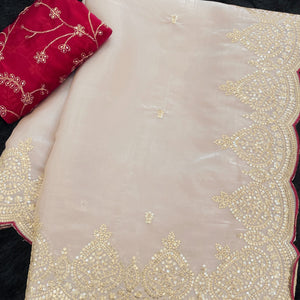 Stylish Chikoo Jimmy Choo Satin Silk Saree Beautified with Floral Zari Embroidery & Sequins Work