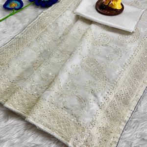 Lustrous White Organza Silk Saree Beautified With Paisley Embroidery & Glittering Sequins Work