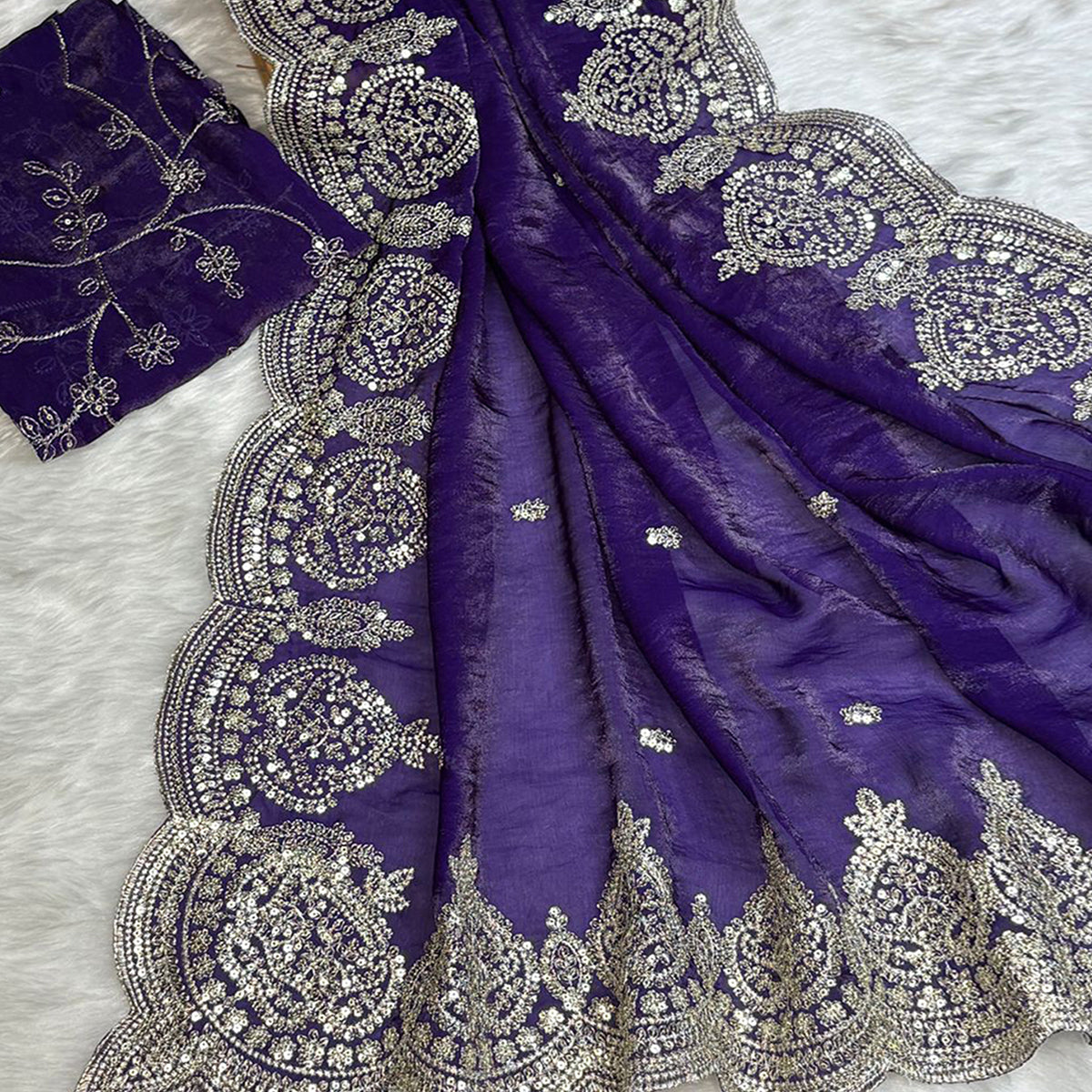 Designer Violet Fandy Satin Saree with All-Over Sequins Embellishments