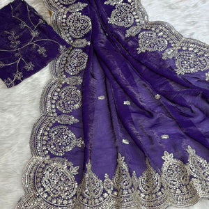 Designer Violet Fandy Satin Saree with All-Over Sequins Embellishments