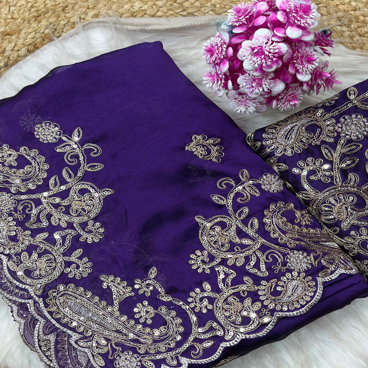 Violet Silk-Blend Saree Featuring Delicate Embroidery and Shimmering Sequins Work