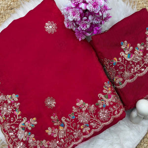 Pink Organza Satin Silk Saree Beautifully Detailed with Elegant Floral Embroidery