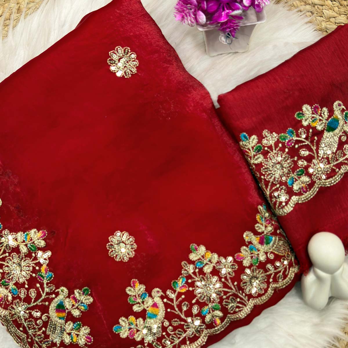 Red Organza Satin Silk Saree Beautifully Detailed with Elegant Floral Embroidery