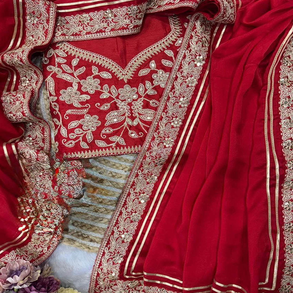 Red Partywear Silk Blend Saree Featuring Rich Silver Thread and Sequins Work