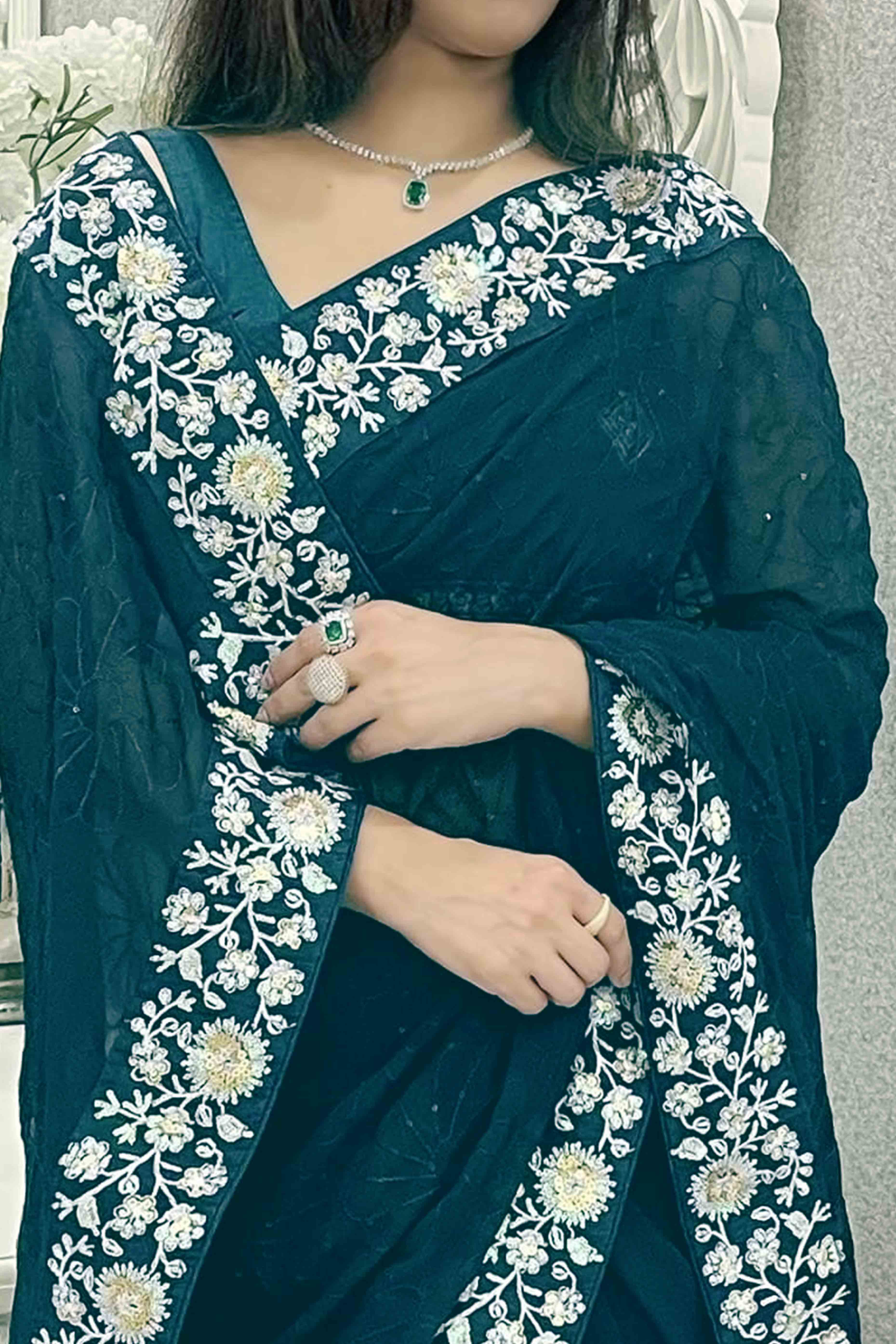Teal Designer Saree In Georgette With Delicate Floral Sequins Embroidery Work