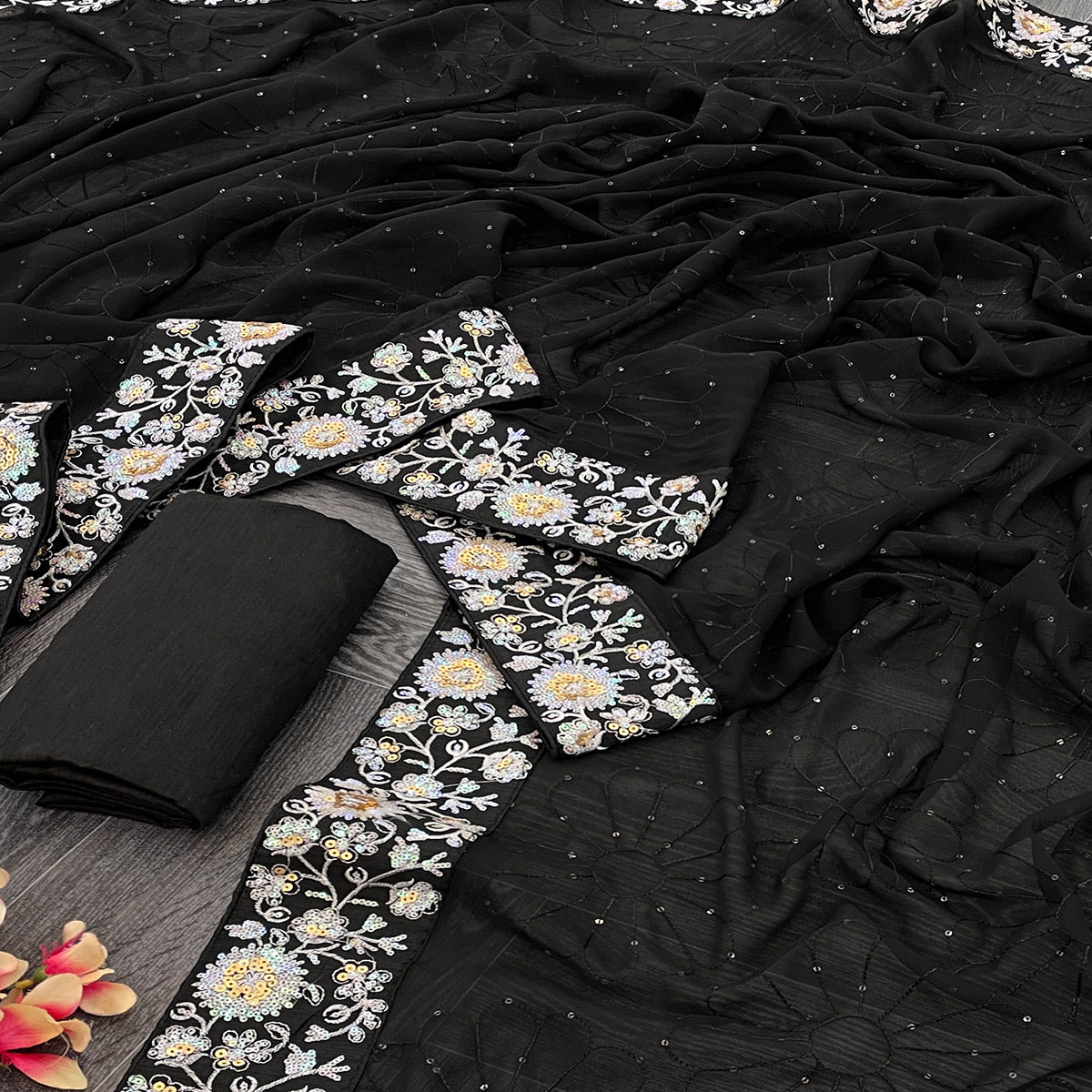 Black Designer Saree In Georgette With Delicate Floral Sequins Embroidery Work