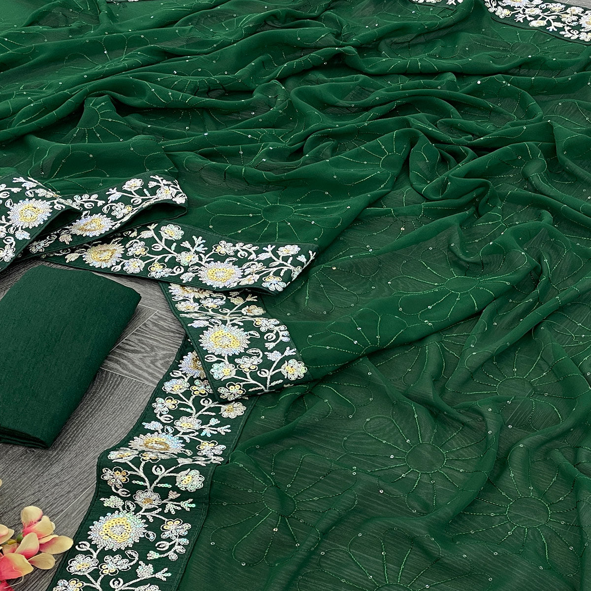 Green Designer Saree In Georgette With Delicate Floral Sequins Embroidery Work