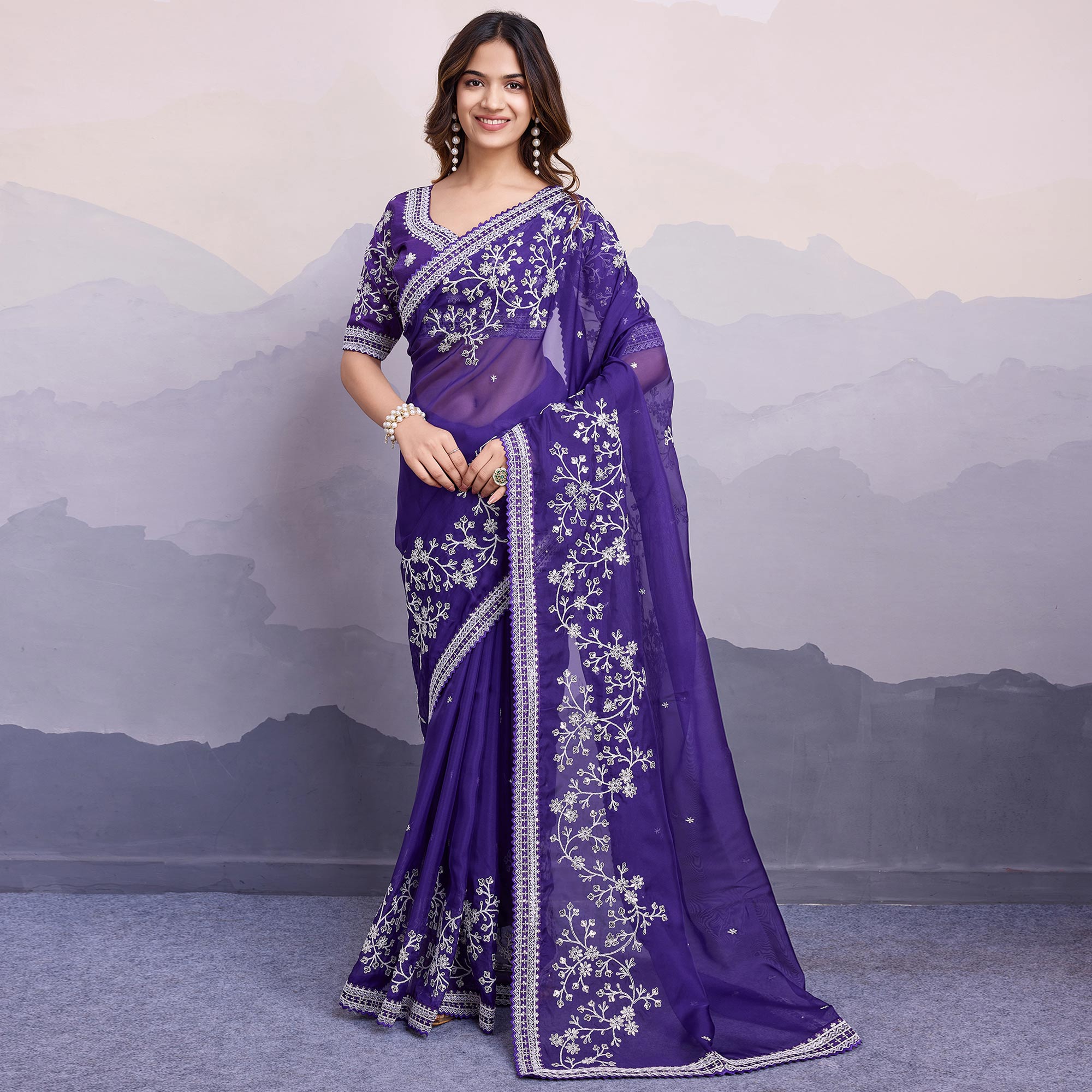 Violet Blue Floral Sequins Embroidered Organza Saree With Lace Border