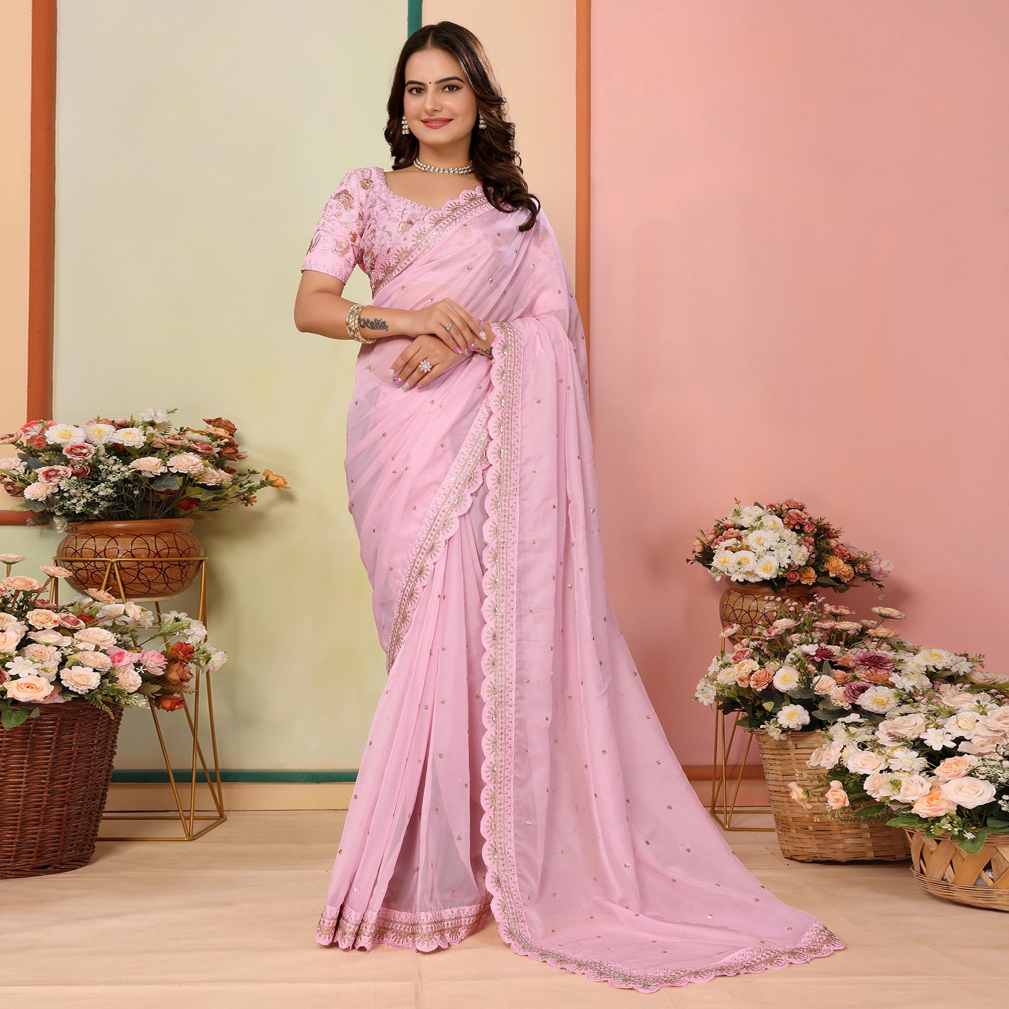 Pink Sequins Embroidered Embroidered Organza Saree