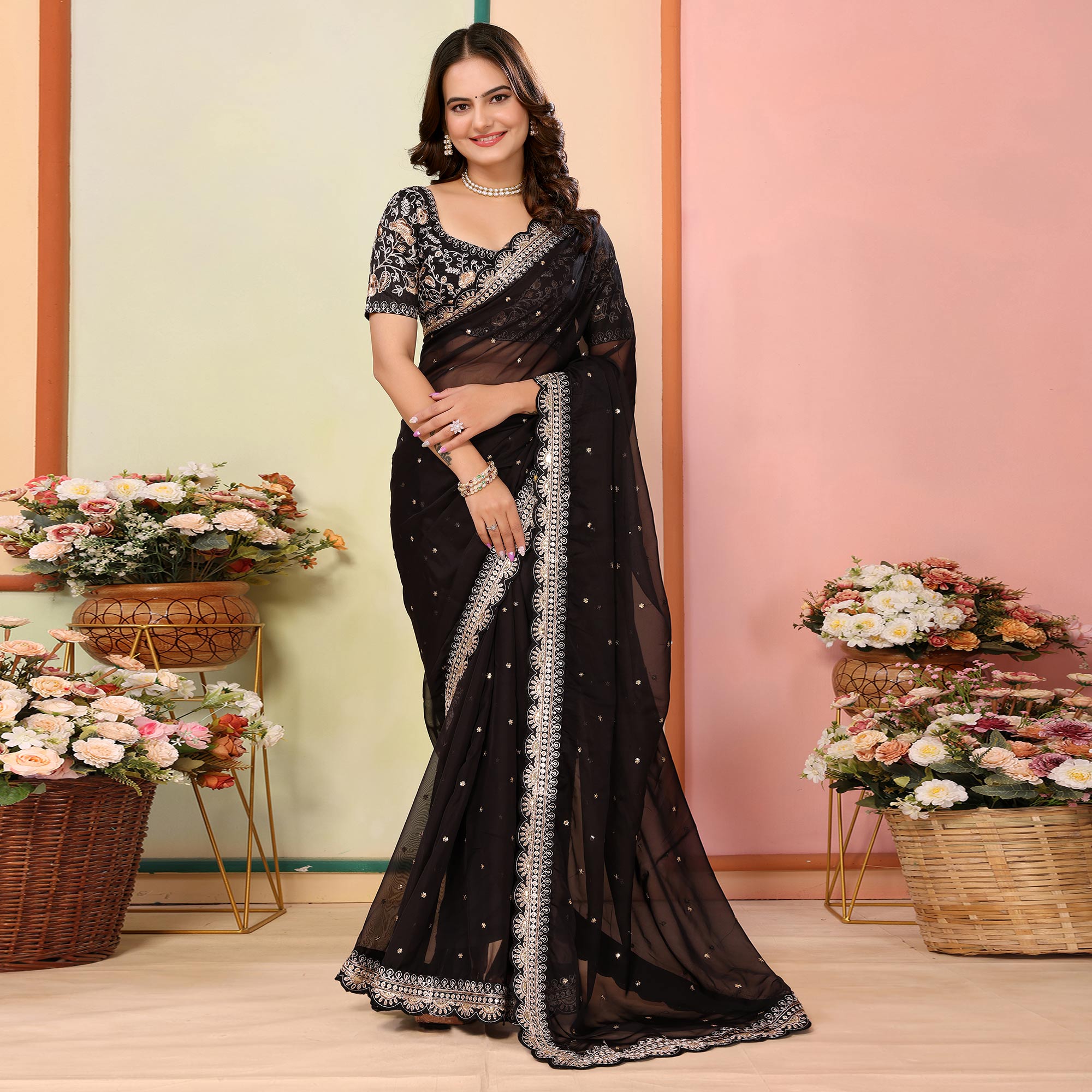 Black Sequins Embroidered Embroidered Organza Saree
