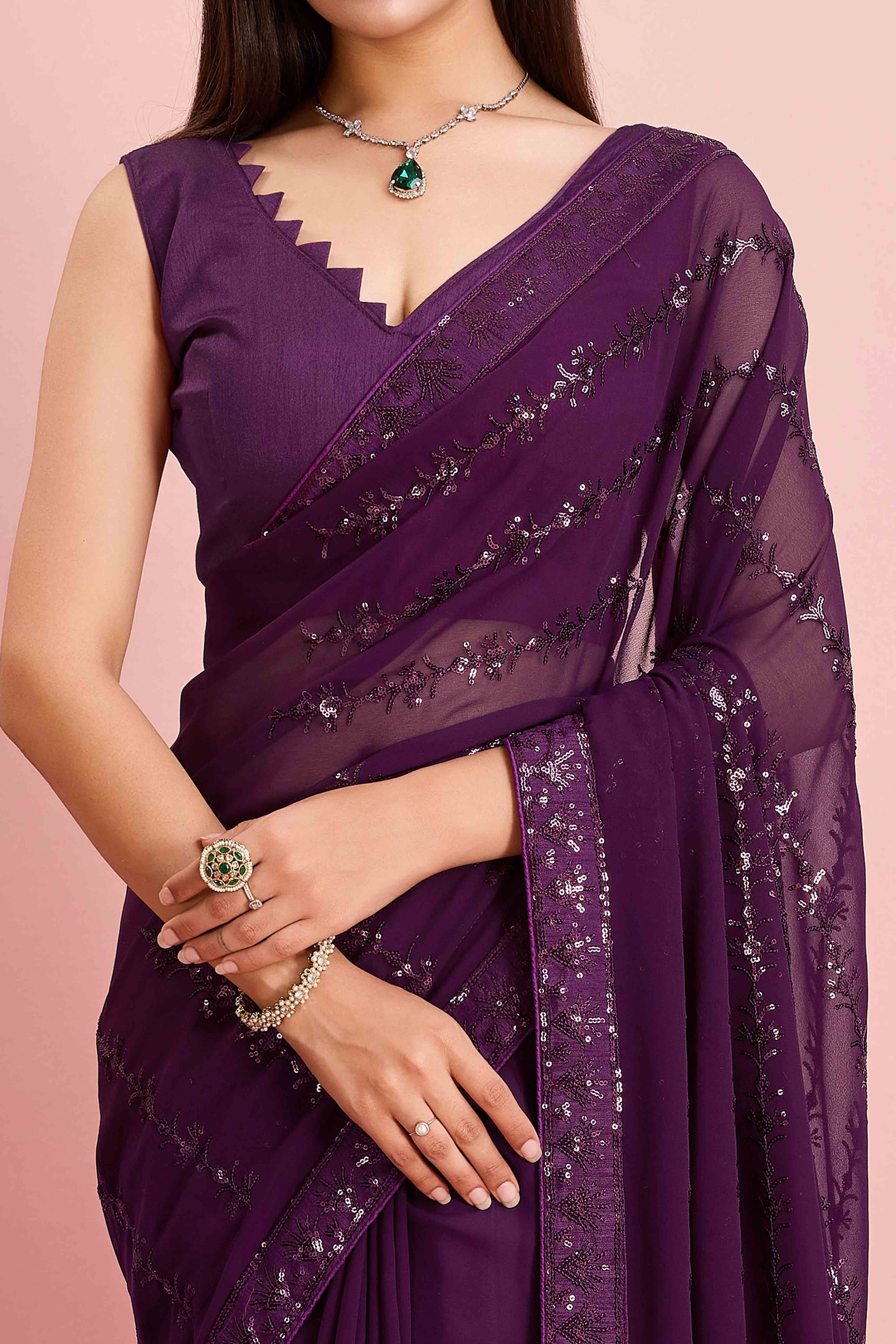 Wine Floral Sequins Embroidered Georgette Saree