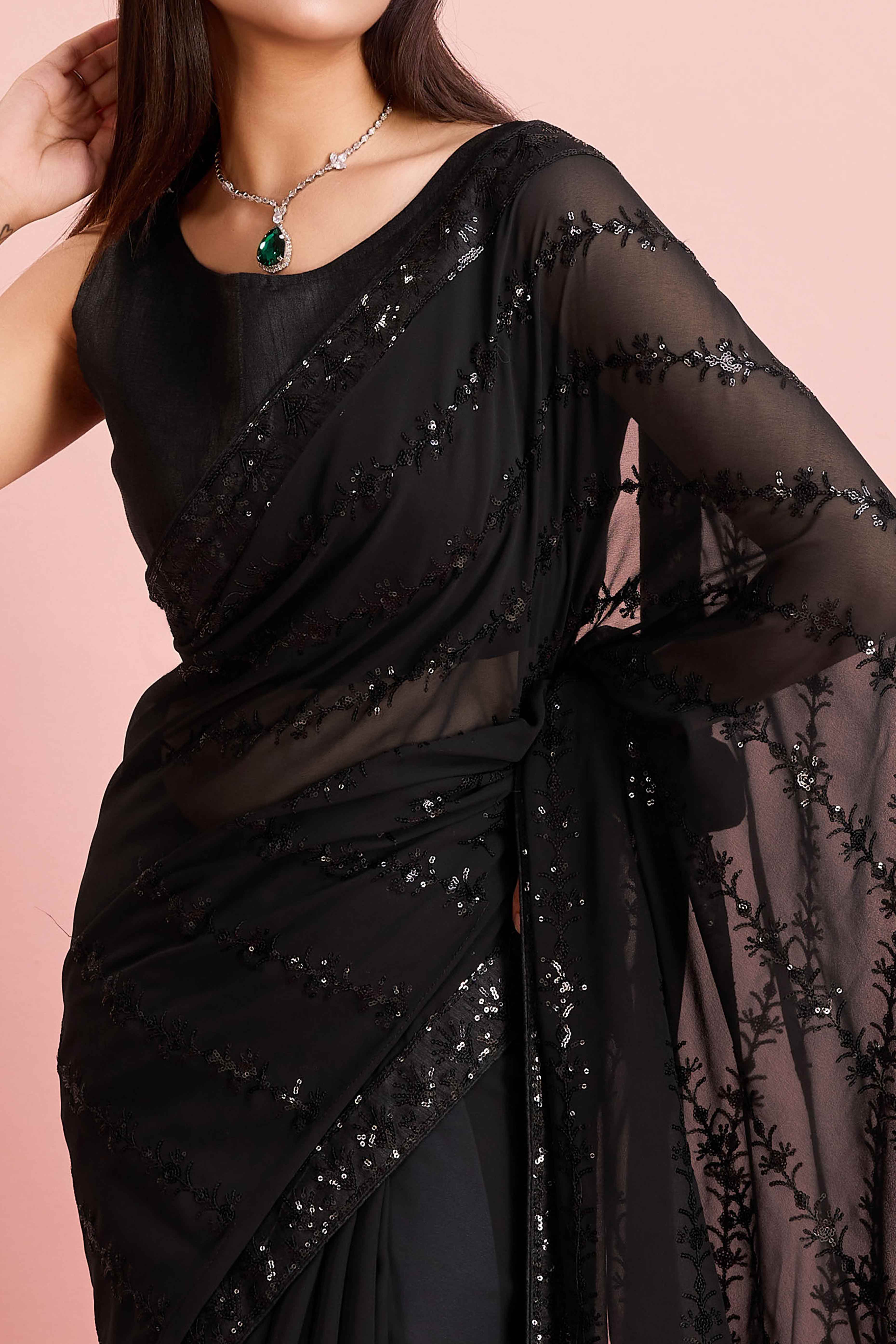 Black Floral Sequins Embroidered Georgette Saree