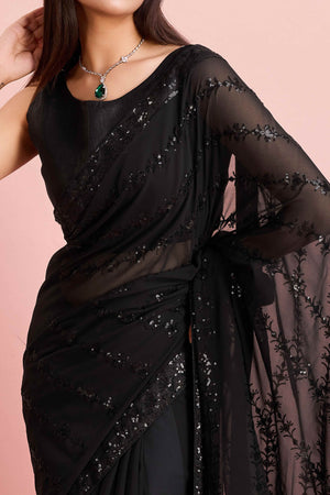 Black Floral Sequins Embroidered Georgette Saree
