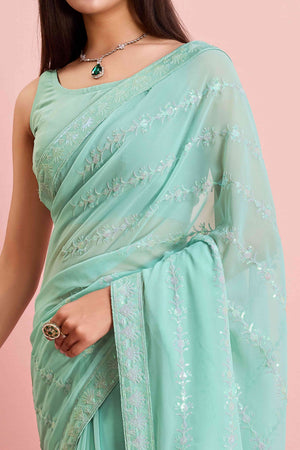 Turquoise Floral Sequins Embroidered Georgette Saree
