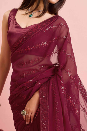 Maroon Floral Sequins Embroidered Georgette Saree