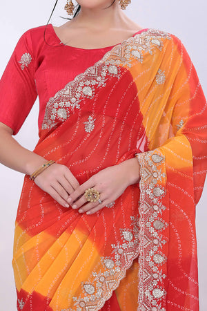 Red & Yellow Georgette Saree Showcasing Bandhani Print & Delicate Floral Sequins Embroidery