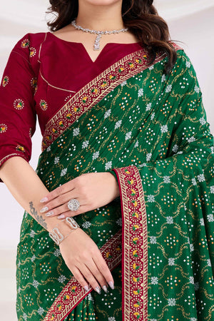 Bottle Green Bandhani Printed Vichitra Silk Saree With Embroidery Border