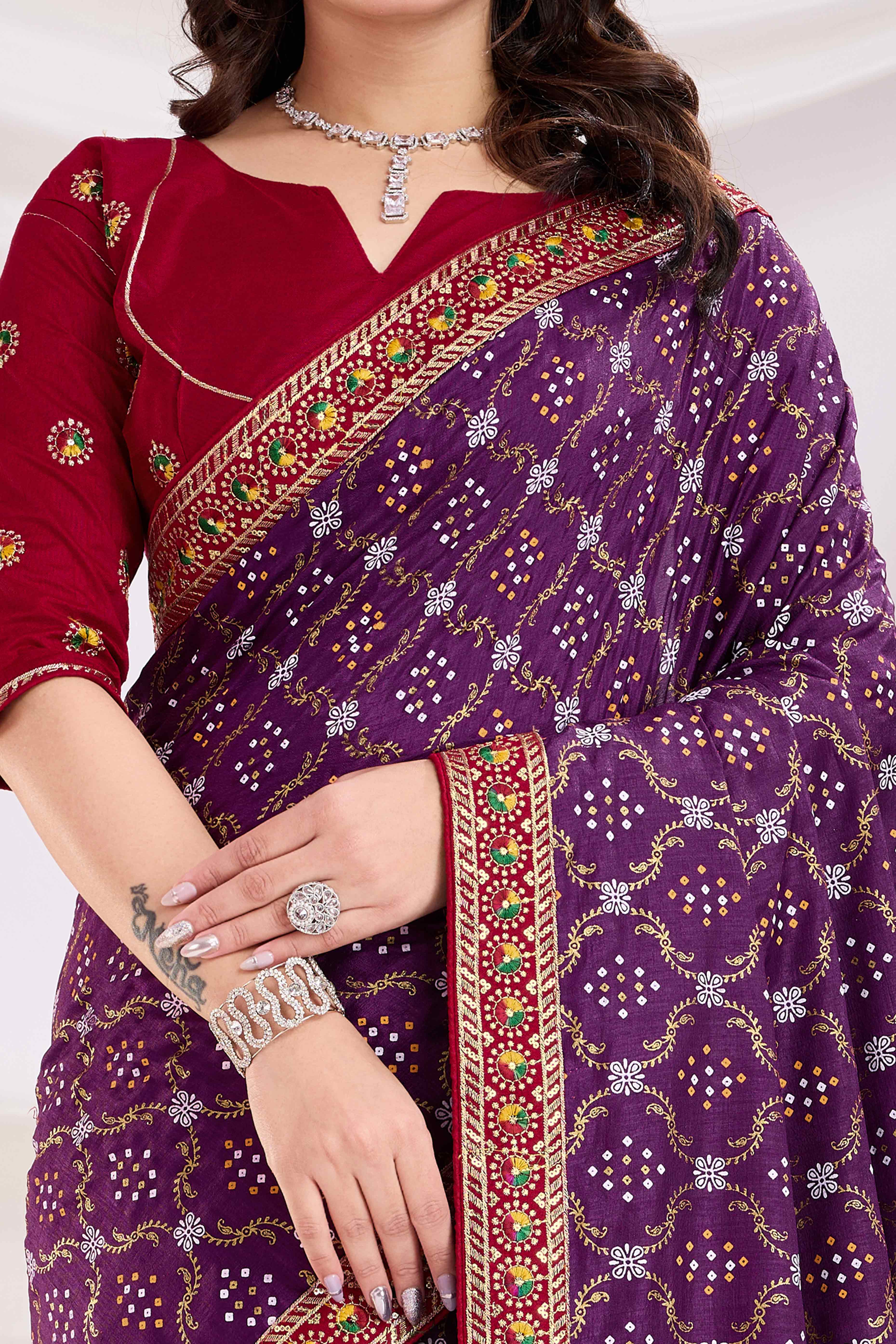Wine Bandhani Printed Vichitra Silk Saree With Embroidery Border