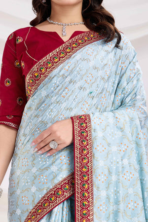 Light Blue Bandhani Printed Vichitra Silk Saree With Embroidery Border