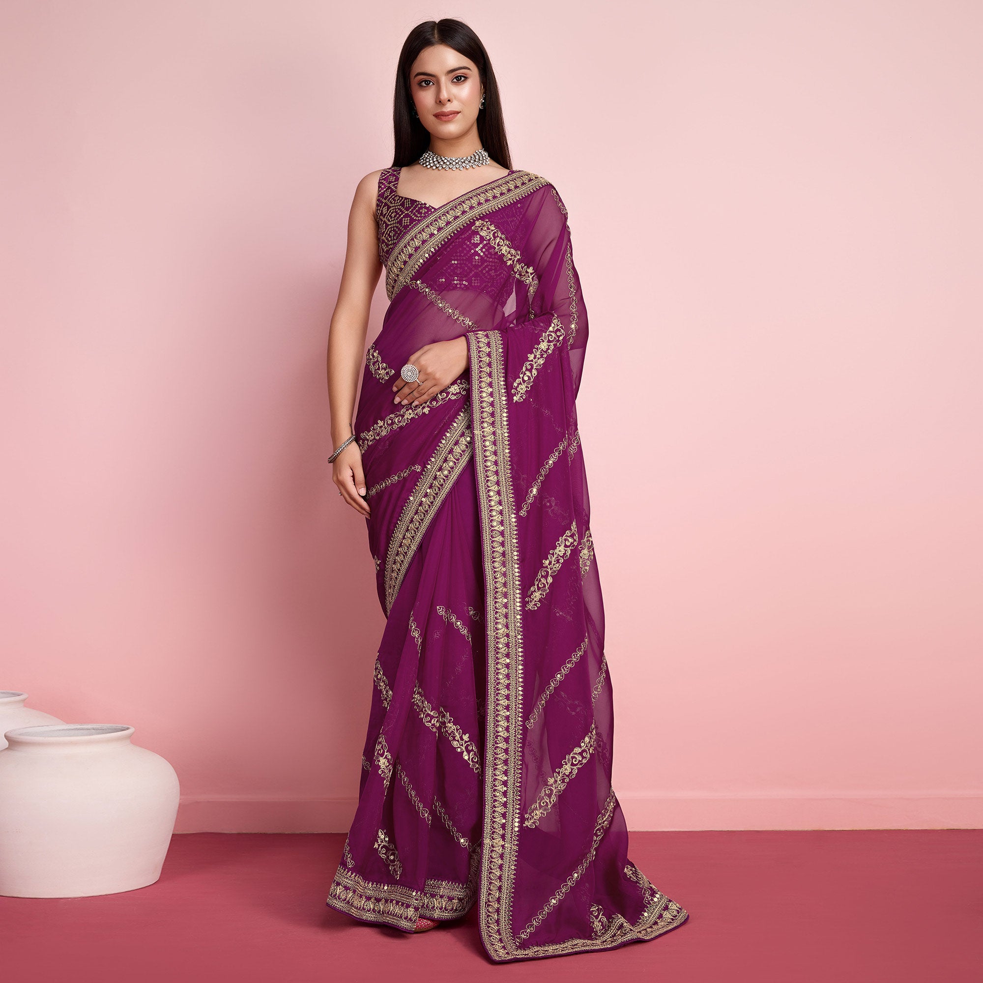 Purple Floral Sequins Embroidered Organza Saree