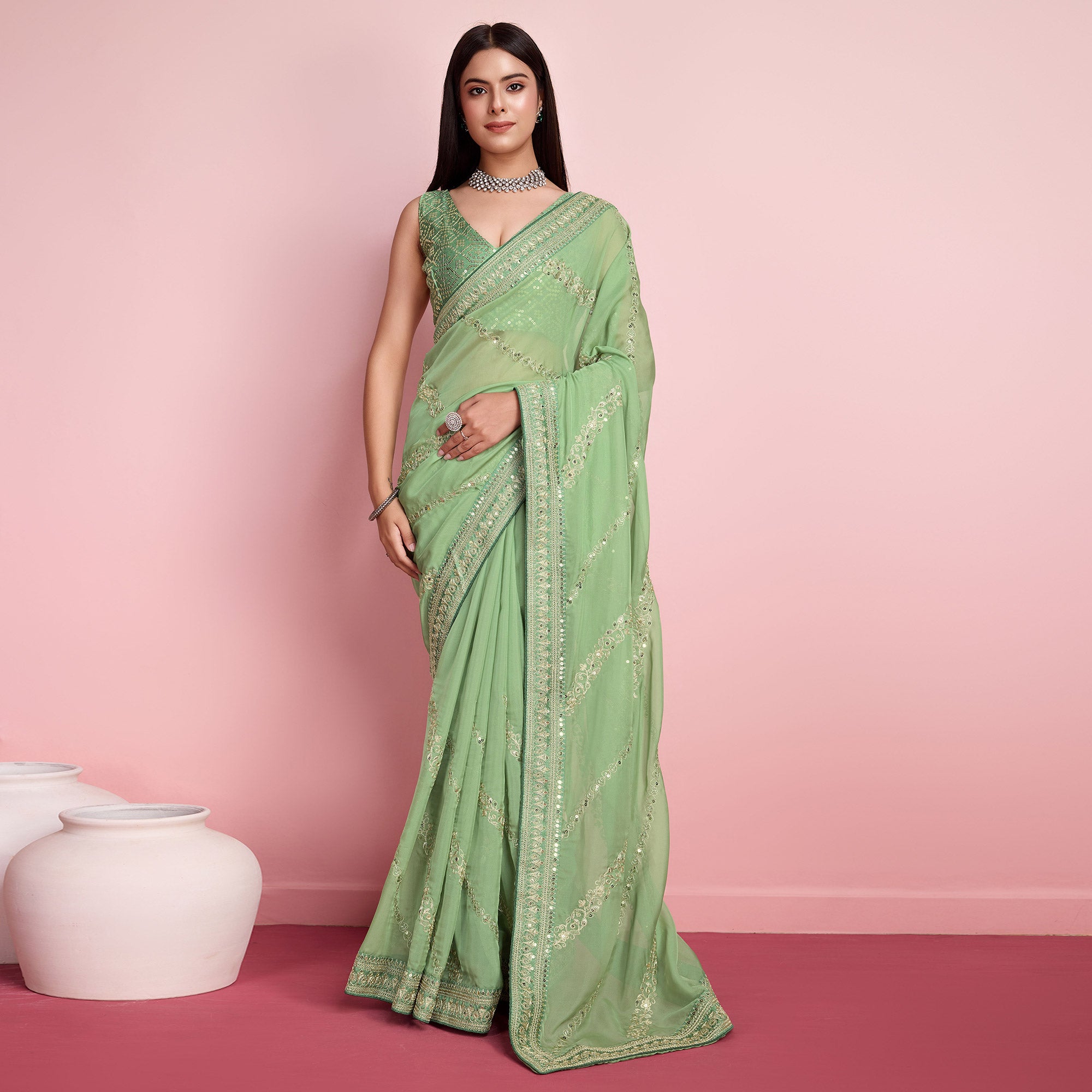 Green Floral Sequins Embroidered Organza Saree